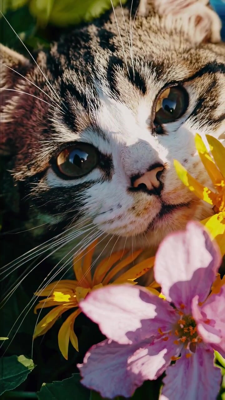 Primer plano de un gatito atigrado descansando entre flores de colores