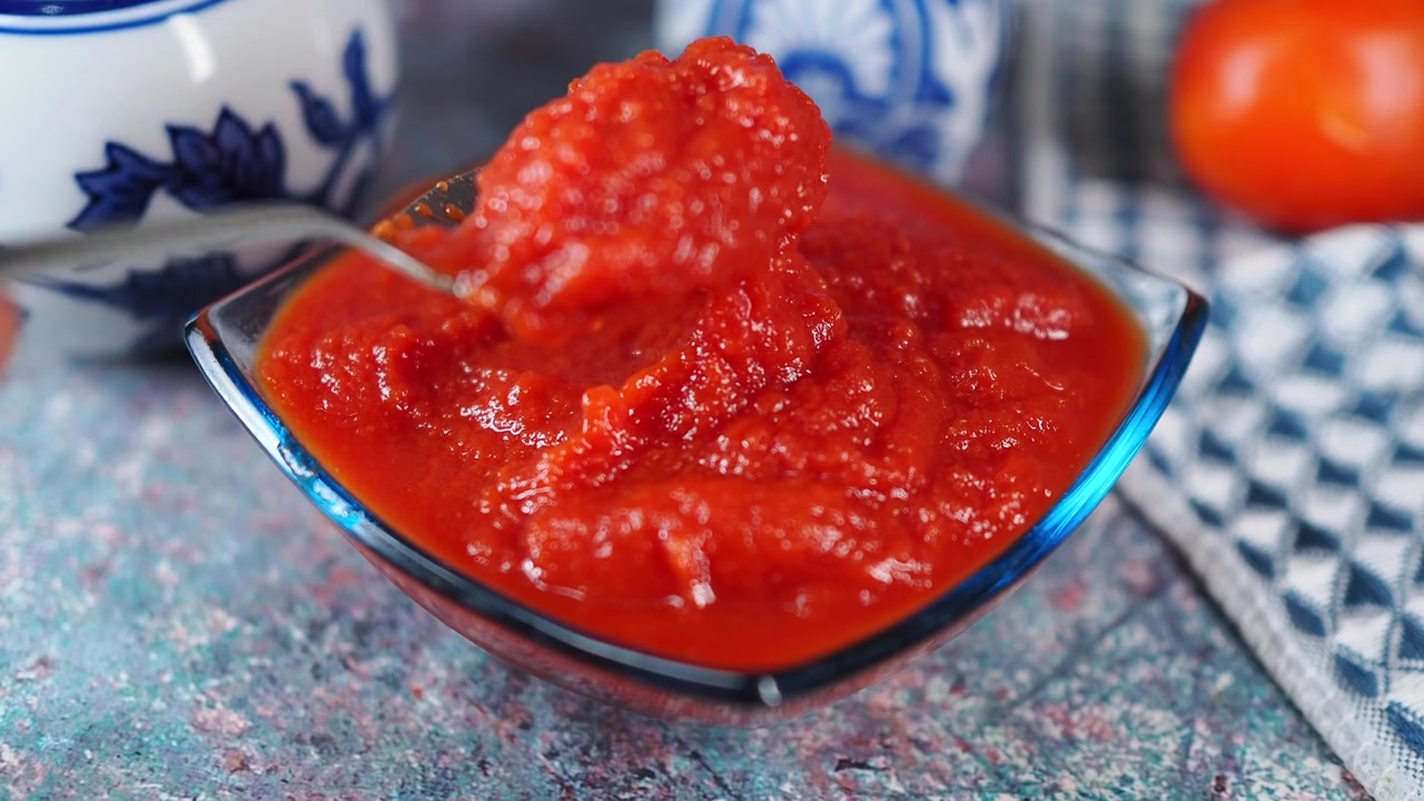 Prelevare salsa di pomodoro fresca fatta in casa da una ciotola