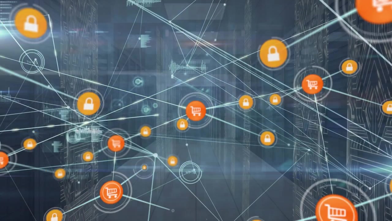 Animazione di una rete di connessioni in una server room