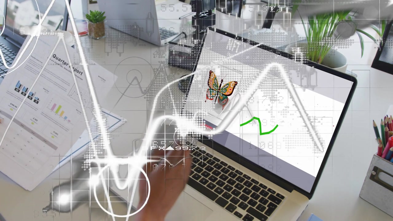 Woman analyst moving cursor spurring wave lifting Quarter Report matching charts to art NFT trend