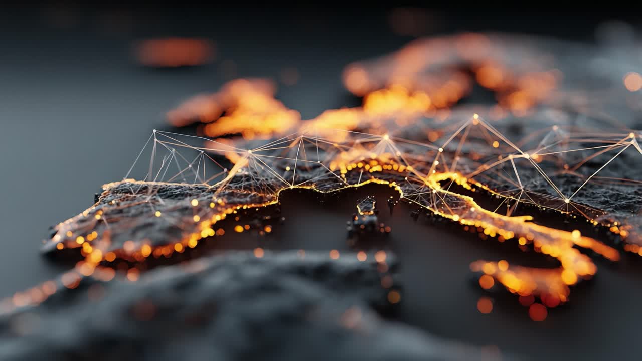 Detailed Visualization of a Geographic Map Illuminated by Network Connections, Representing Digital Connectivity Across a Continental Landscape