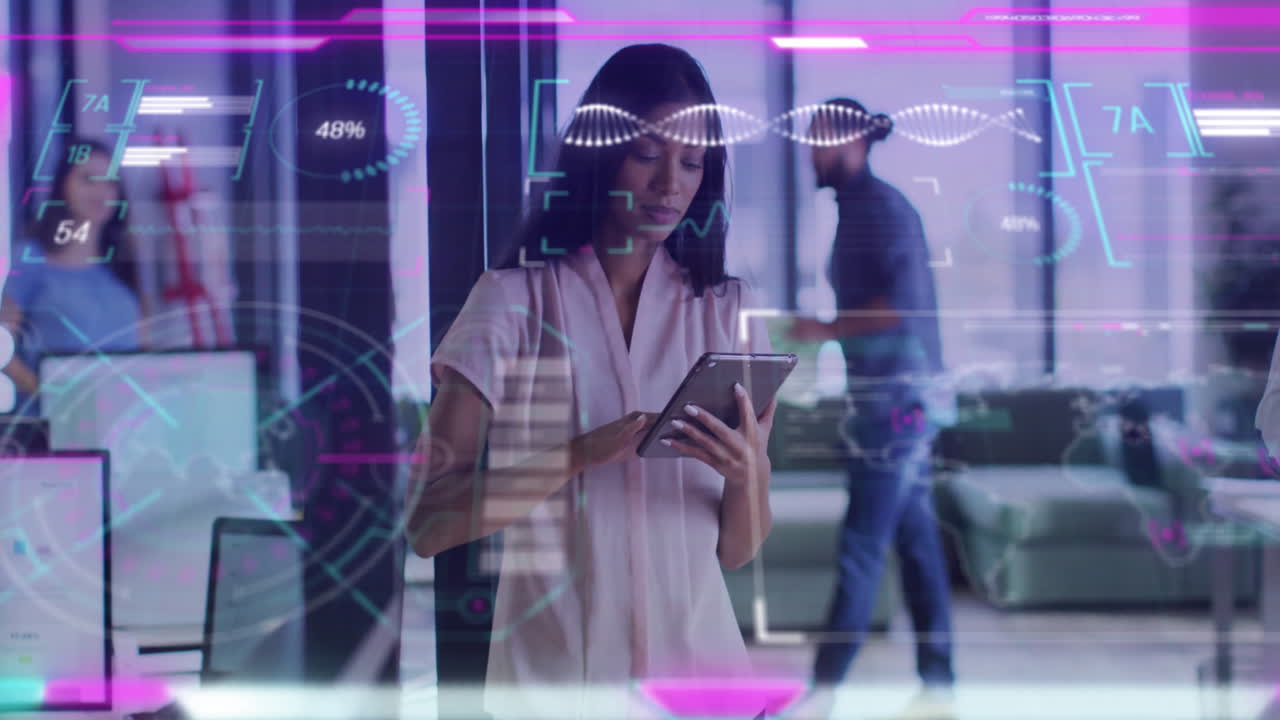 Animation of interface charts processing over biracial casual businesswoman using tablet at office