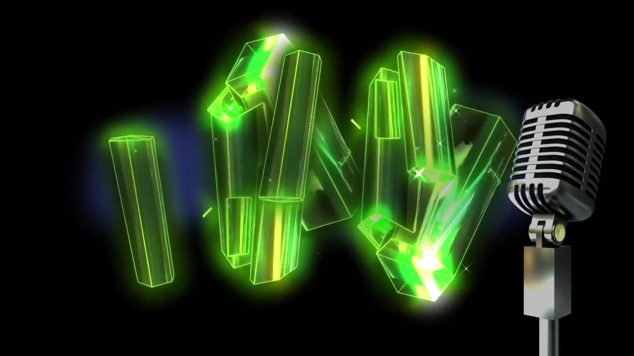 검은색 배경에 디지털 모양과 빈티지 마이크의 애니메이션