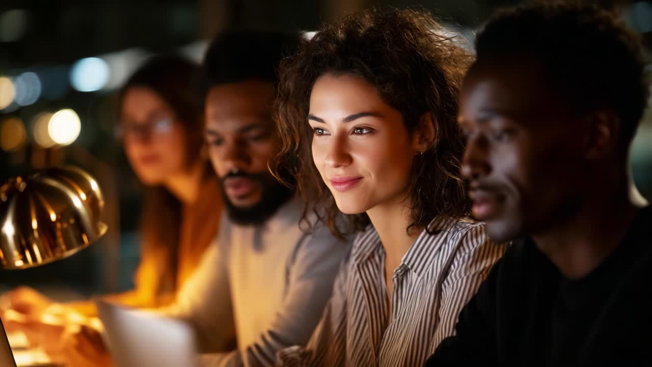 Focused Individuals Engaged in Activity Together in a Dimly Lit Setting, Displaying Concentration and Collaboration at Work, Highlighting Modern Connections and Shared Learning Experiences