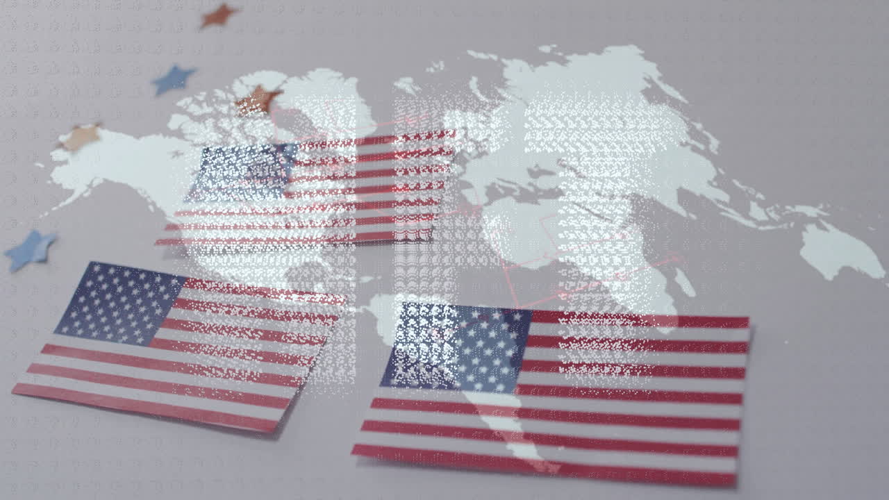 American flags overlaying world map with animation of stars in background