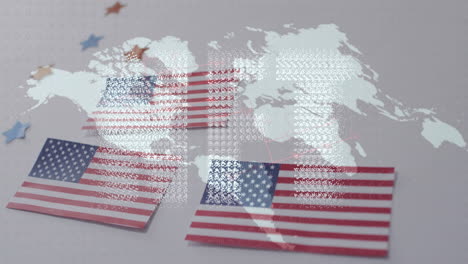 american flags overlaying world map with animation of stars in background