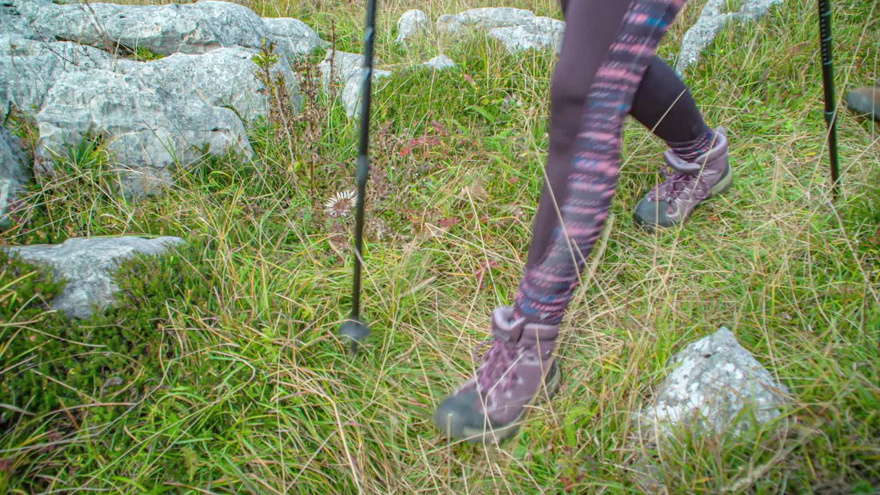 Adult Female And Male Legs Hiking Across Grassland With Trail Poles. High Angle, Slow Motion, Follow Shot