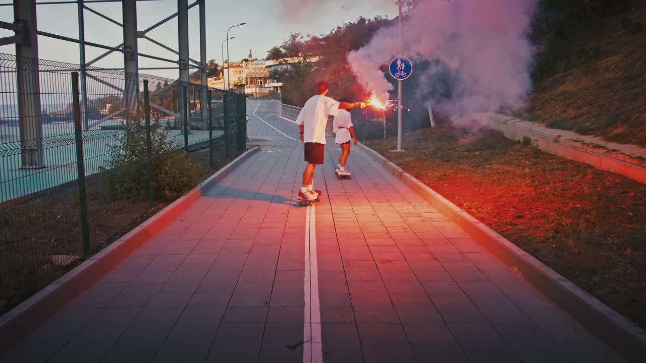 Active young couple in love riding longboards with red signal fire in evening