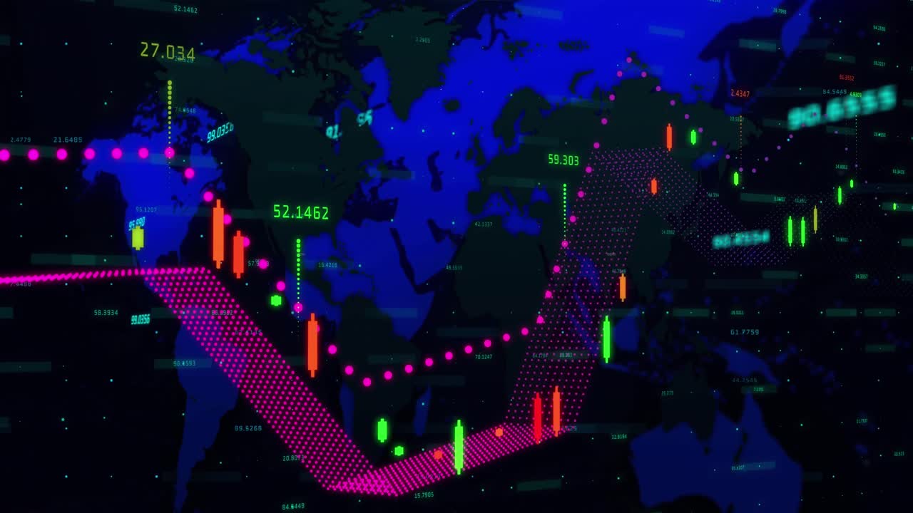 Animazione di elaborazione dati finanziari su una mappa del mondo.