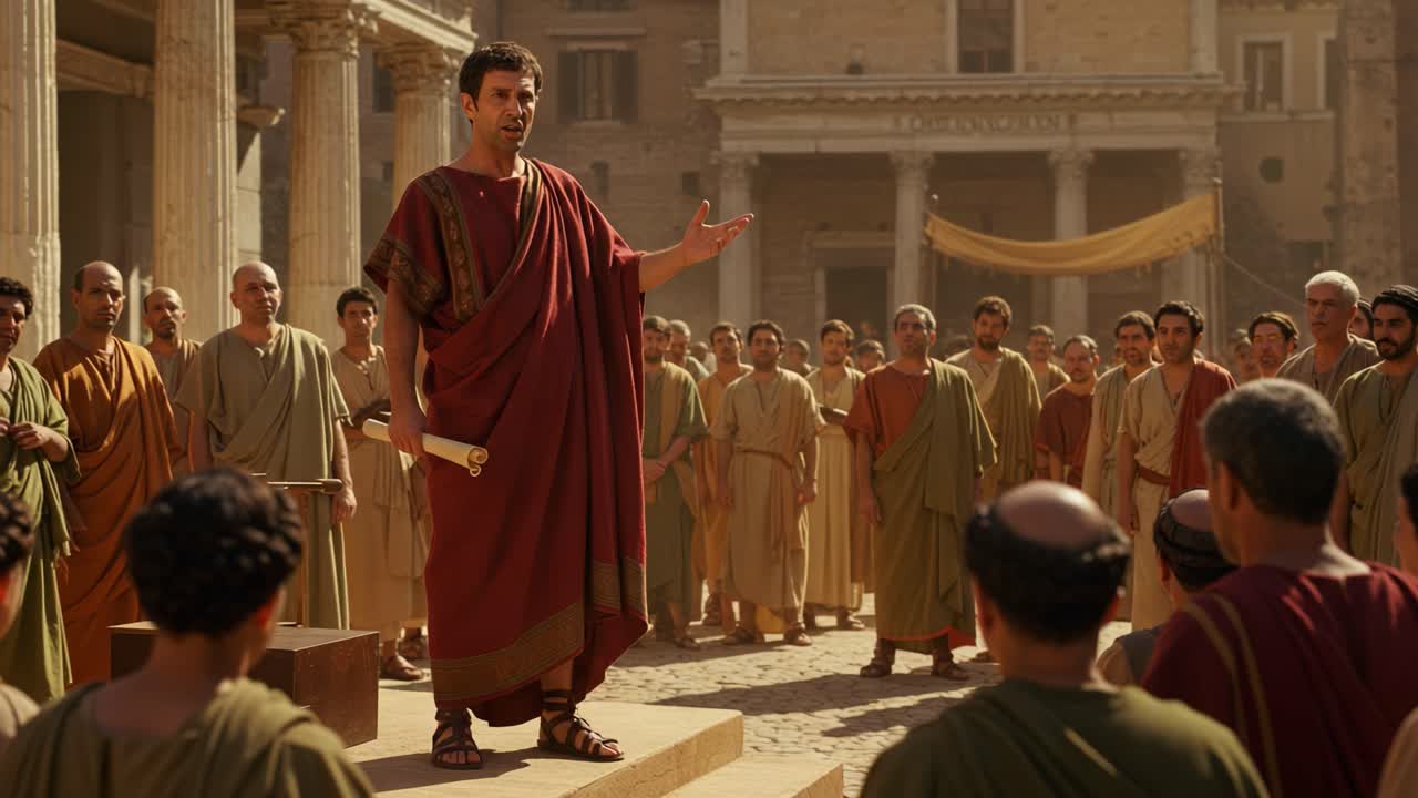 A charismatic leader stands before an attentive crowd in an ancient setting, delivering a compelling speech that captivates the audience and ignites their fervor and enthusiasm