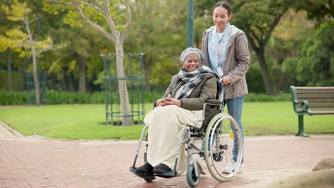 nurse, peace and park with old woman