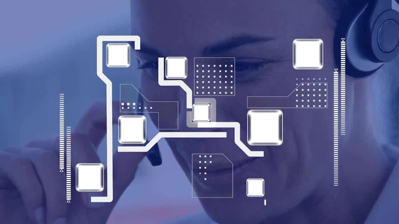 animación de la red de conexiones a través de una mujer de negocios usando auriculares telefónicos