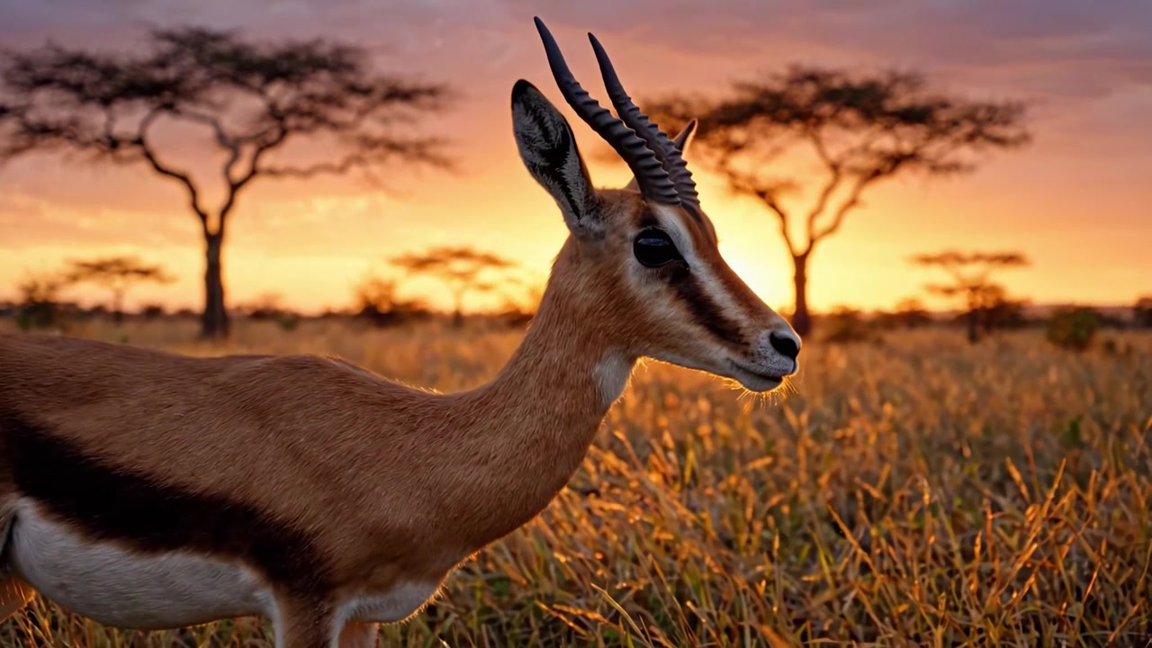 Una gazzella elegante nella savana dorata: catturare il momento tranquillo della fauna selvatica in mezzo al maestoso tramonto