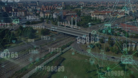 animation of statistics and financial data processing over cityscape