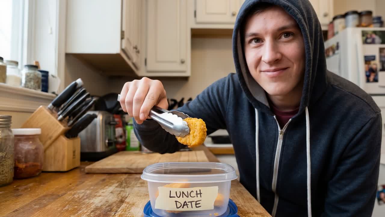 Uomo incappucciato che prepara un nugget con le pinze su un piano di lavoro a casa, con un contenitore etichettato LUNCH DATE