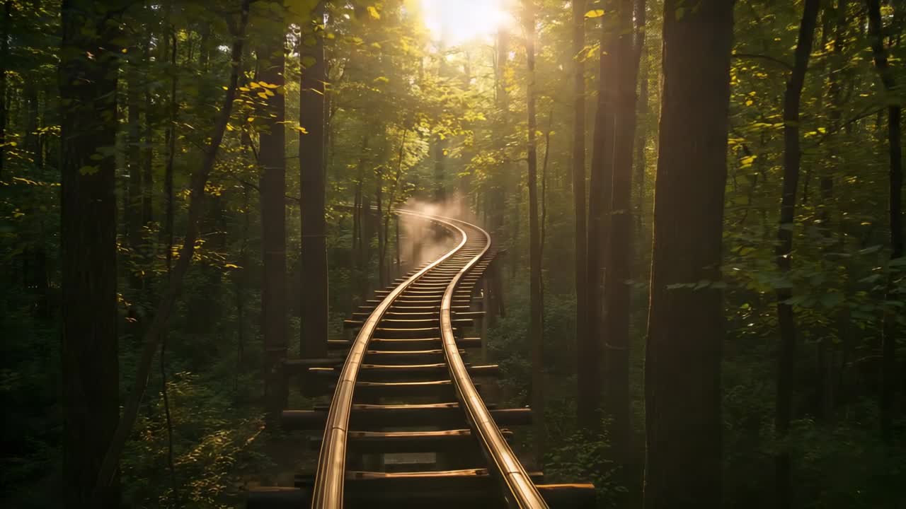 Advancing camera showing curving rail tracks in forest, morning sun dispersing steam above sleepers