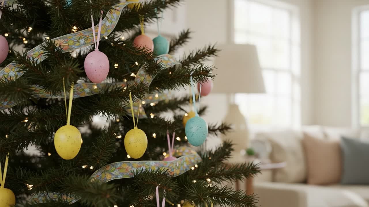 Colorful Easter Eggs and Ribbons Adorn a Lush Green Christmas Tree, Creating a Festive Atmosphere in a Cozy Living Space Bathed in Natural Light