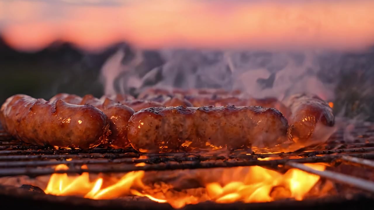 Salsicce deliziose che sfrigolano su una griglia, mostrando un tramonto serale ipnotizzante con colori vivaci e fumo che sale, incarnando la gioia della cucina all'aperto.