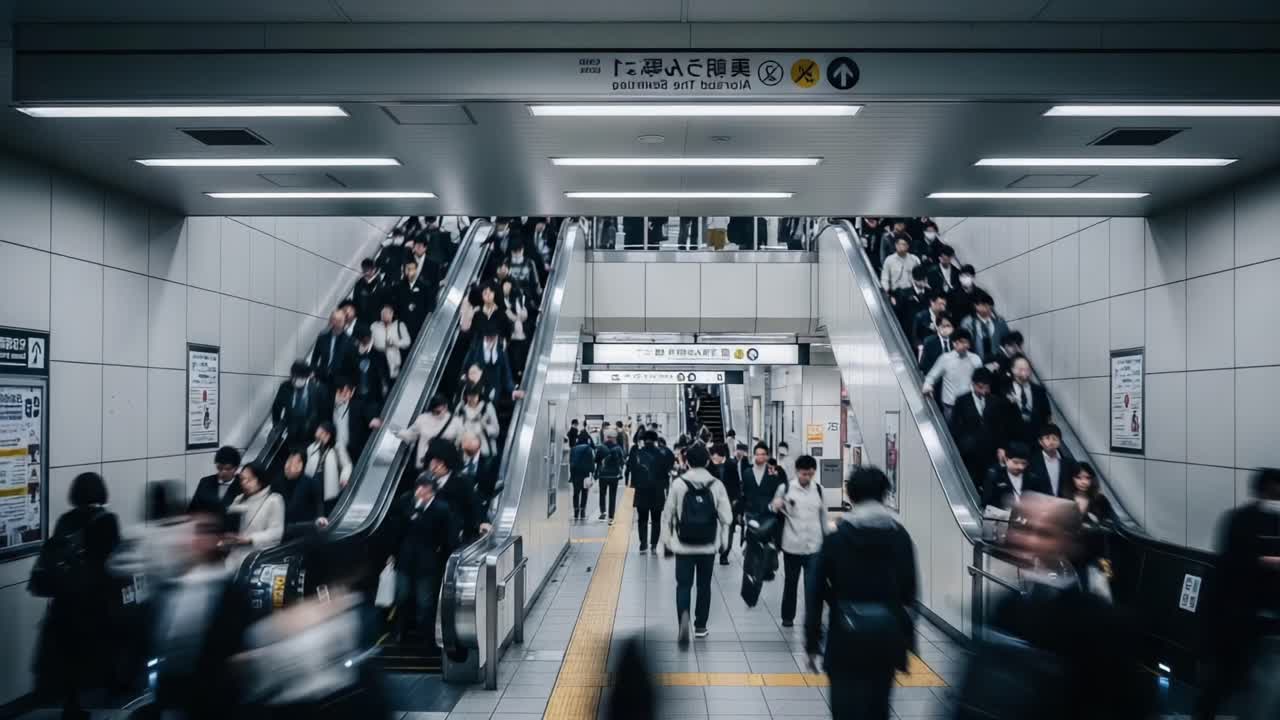 A Busy Urban Transit Scene Captured in Motion: Commuters Navigating an Escalator in a Modern City Subway Station