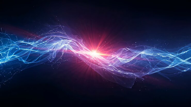 Pulsing central light emitting beams, drawing blue and pink ribbons around core in deep-space void