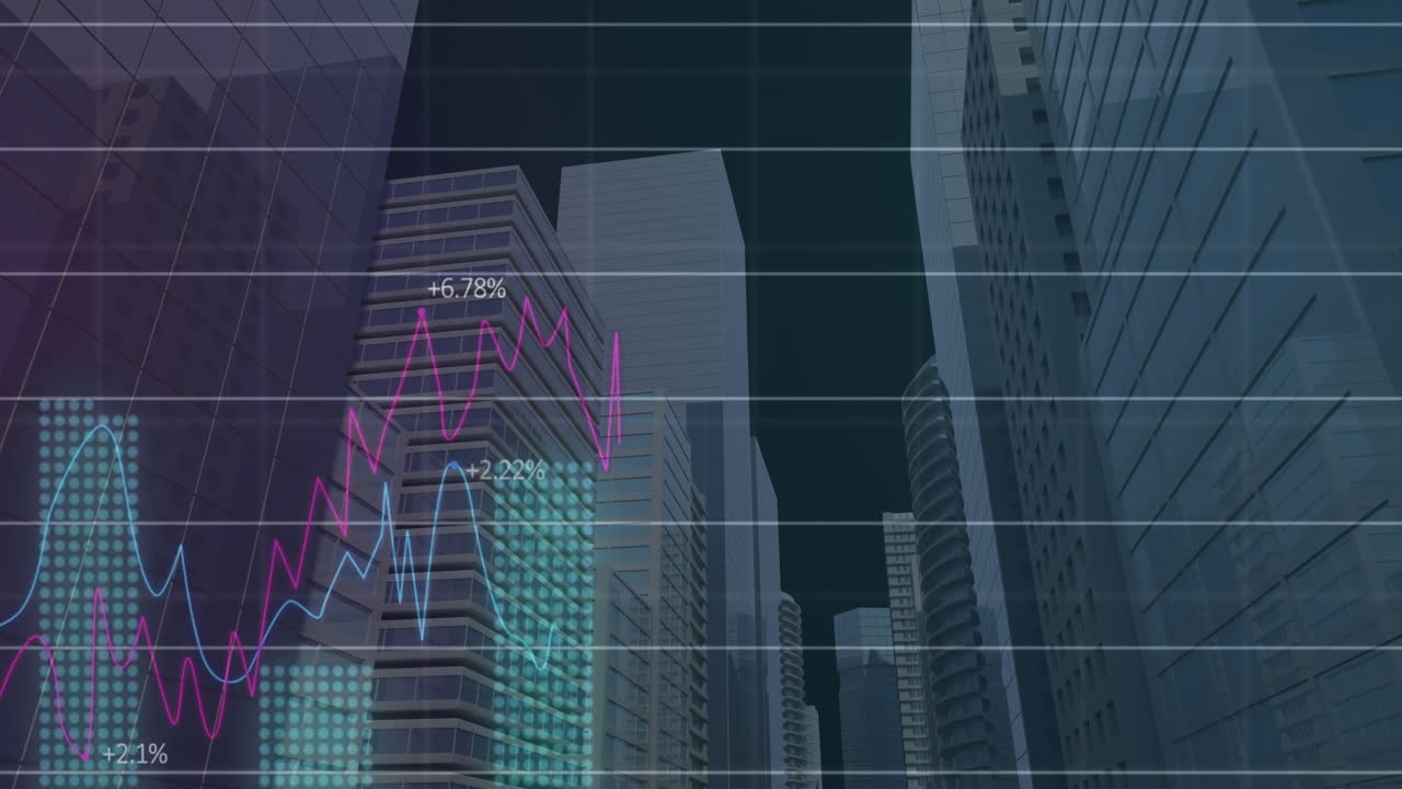 animación del procesamiento de datos financieros sobre el paisaje urbano