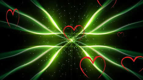 animation of hearts floating over green lines on black background