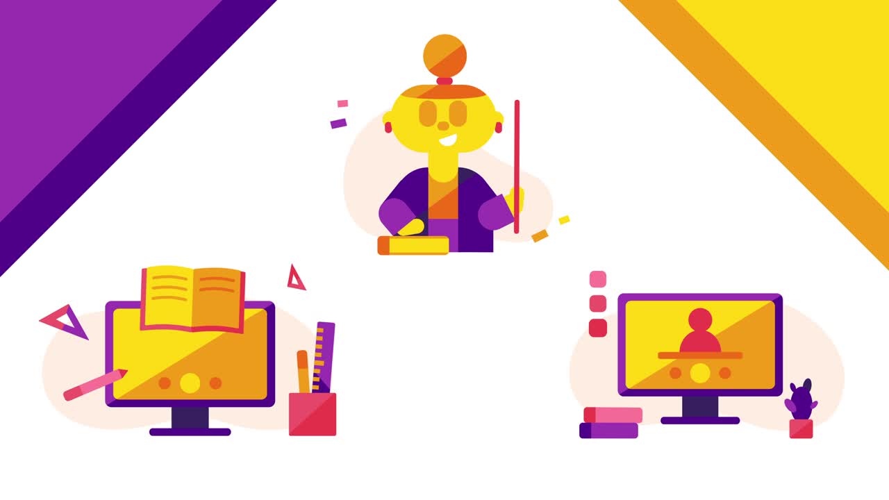 4k video of cartoon computers and teacher.