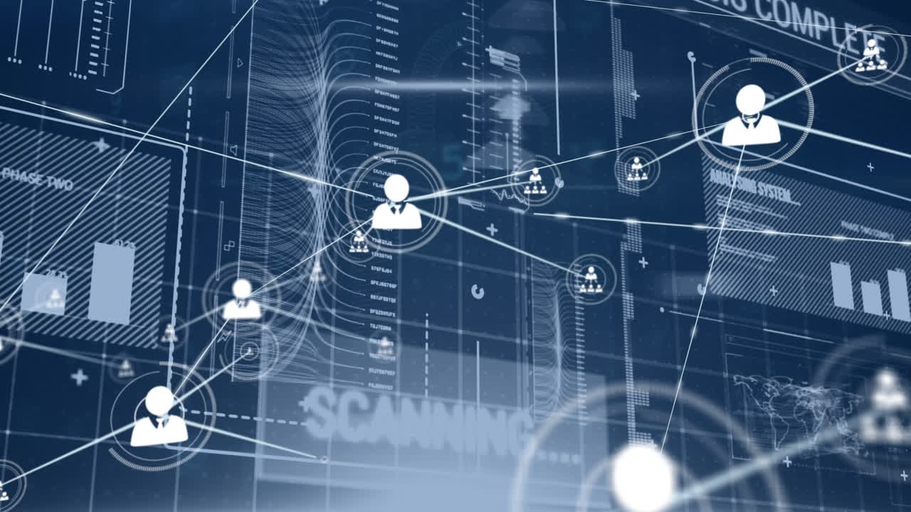 Animation of network of connections with digital icons statistics and data processing