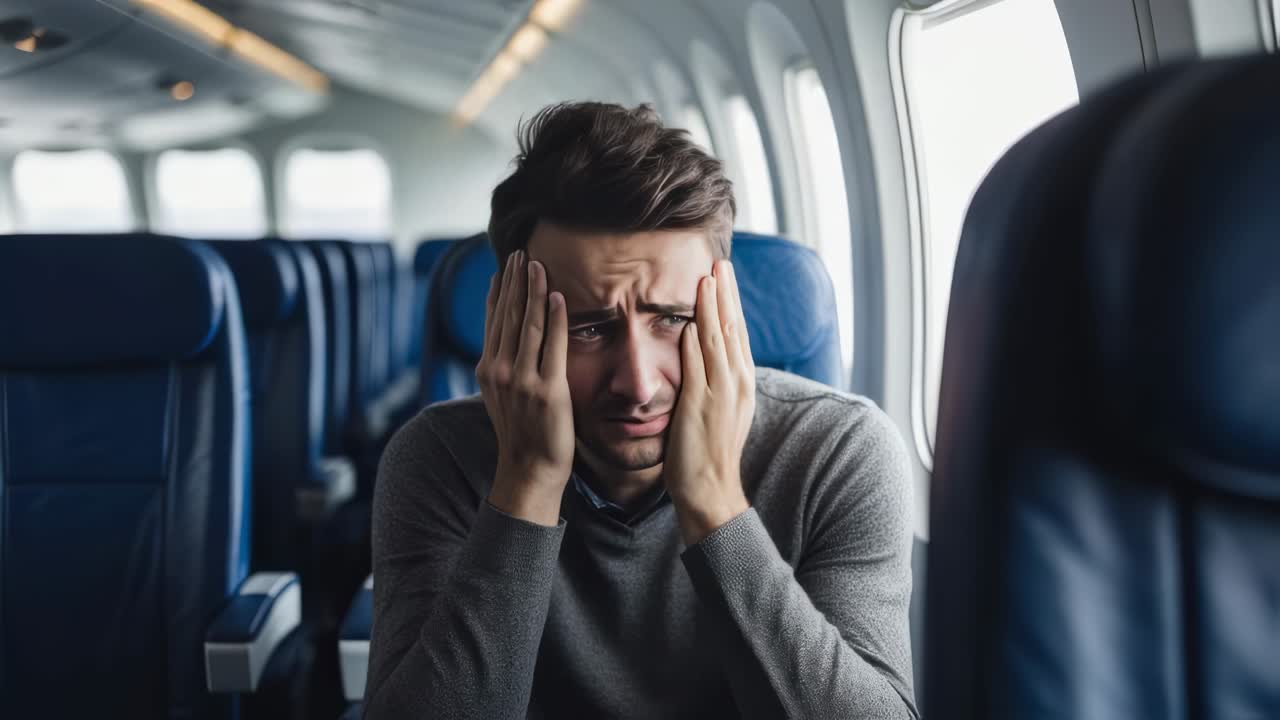 Professional traveler feeling stressed during flight, hands covering face, expressing workplace tension and travel related mental strain while seated in airplane cabin