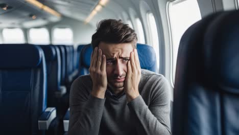professional traveler feeling stressed during flight, hands covering face, expressing workplace tension and travel related mental strain while seated in airplane cabin