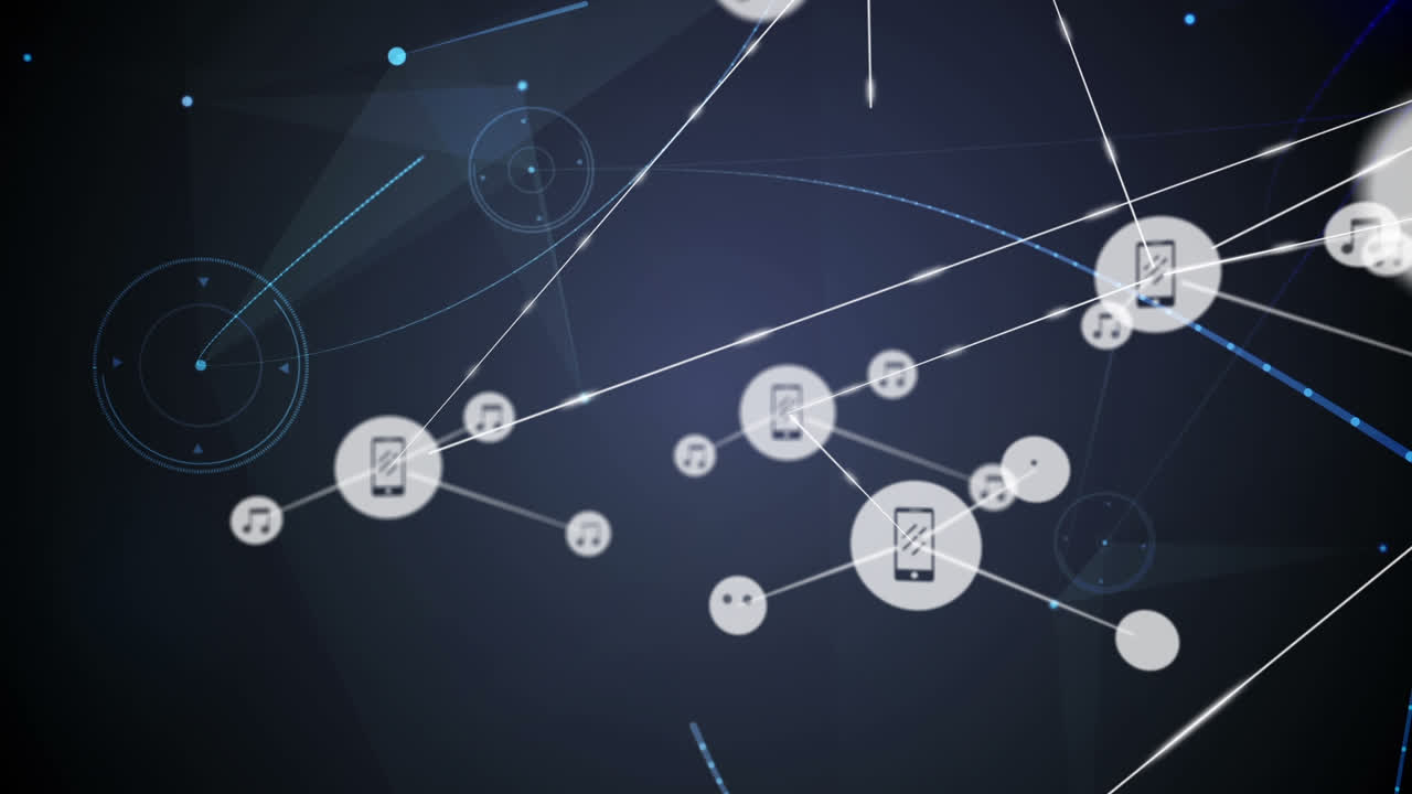 Animation of networks of connections with icons on black background