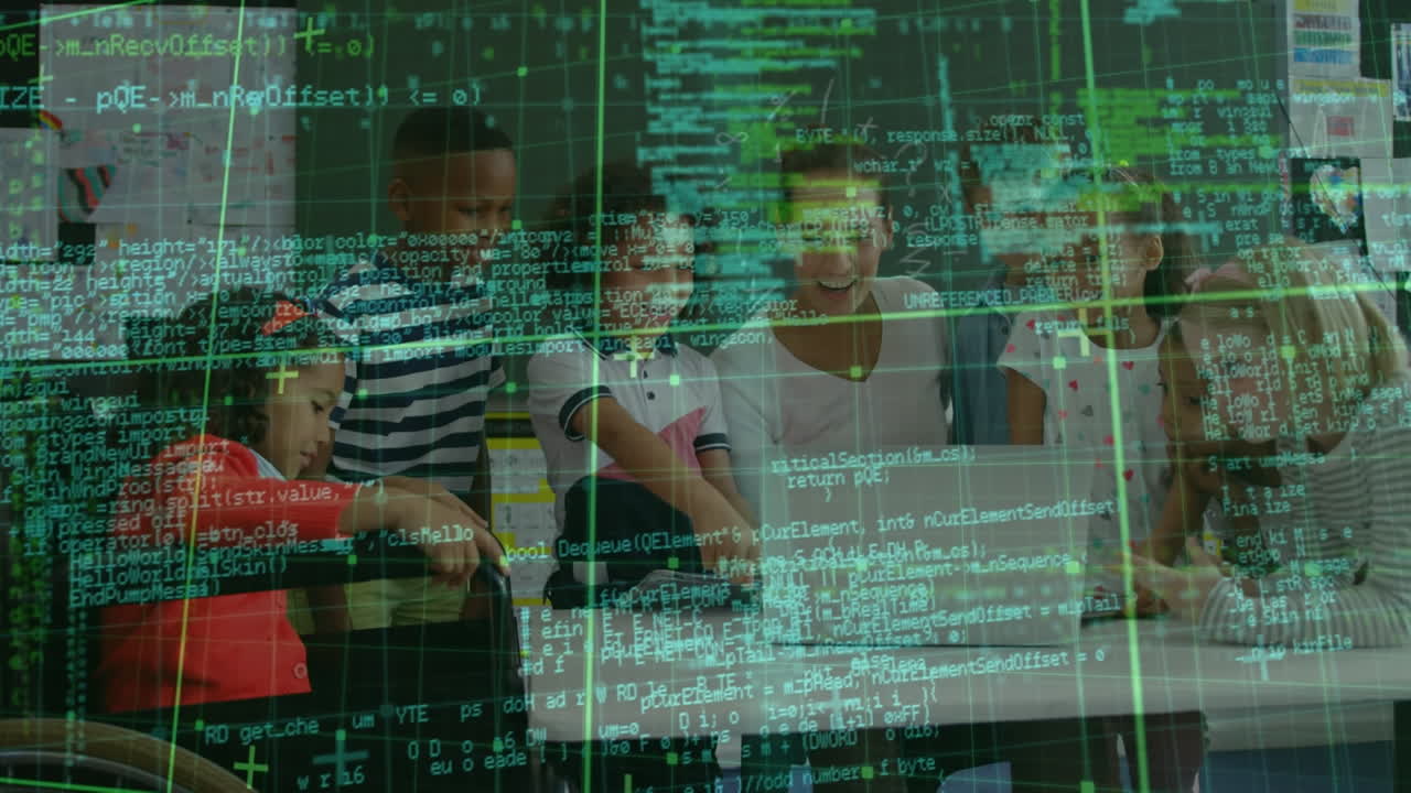 Animation of data processing over diverse schoolchildren with teacher using laptop