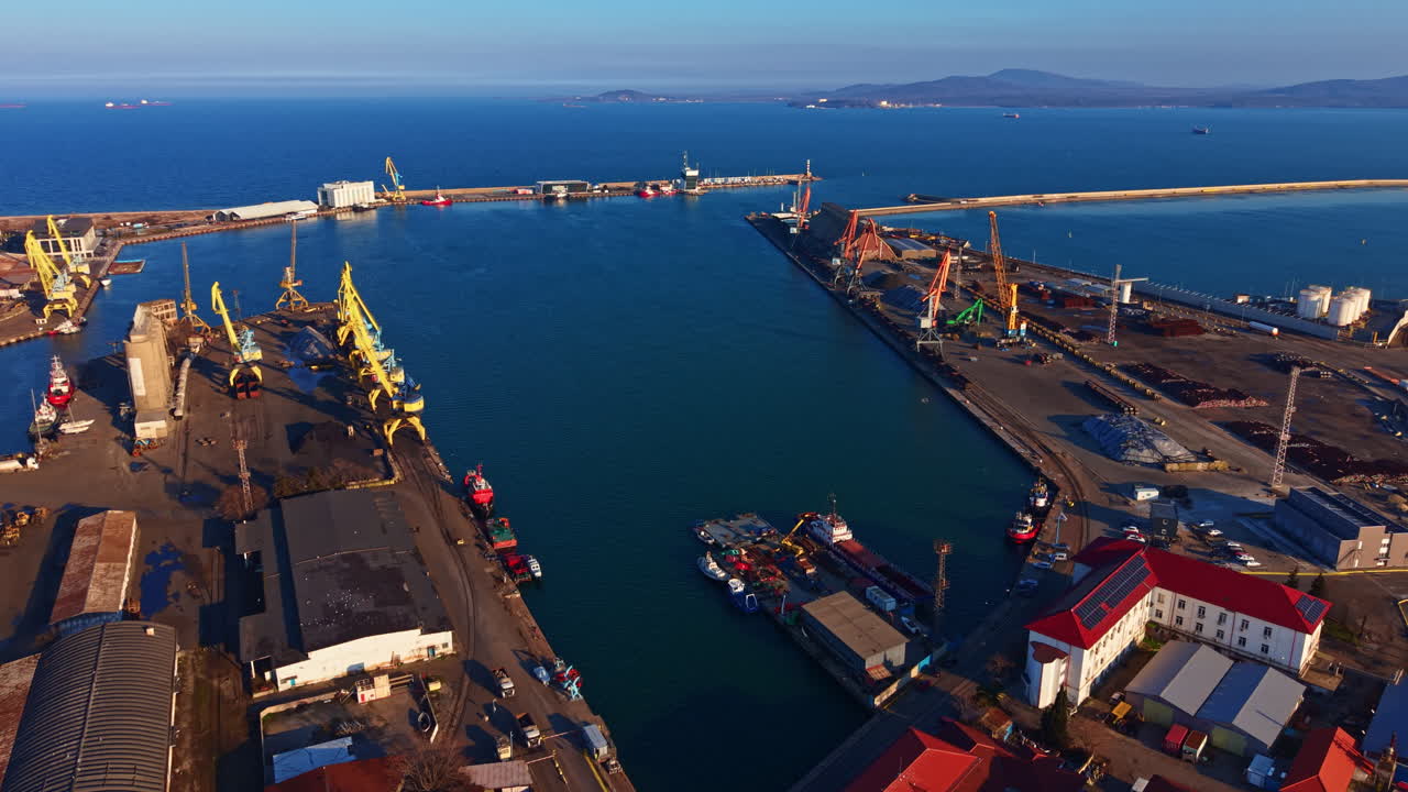 Scena portuale trafficata con gru, navi ed edifici in una località costiera di giorno.