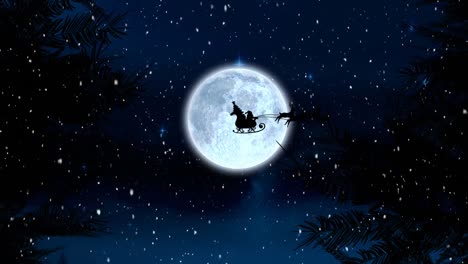 Digital-animation-of-snow-falling-over-black-silhouette-of-santa-claus-in-sleigh-being-pulled-by-rei