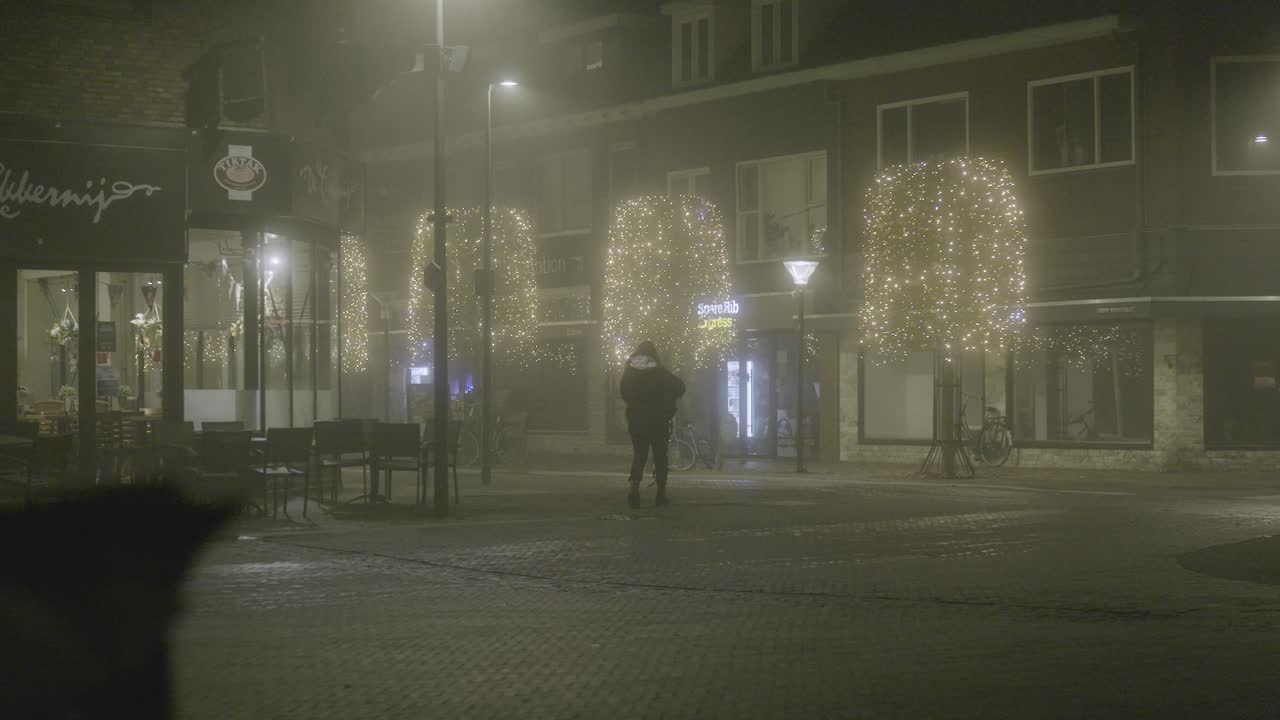 Foggy Night Street Scene with Lights