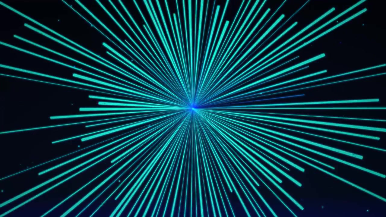 Cyan- und blau leuchtende Zoom-Burst-Geschwindigkeitslinien, die vom Zentrum ausstrahlen, nahtlose Schleife.