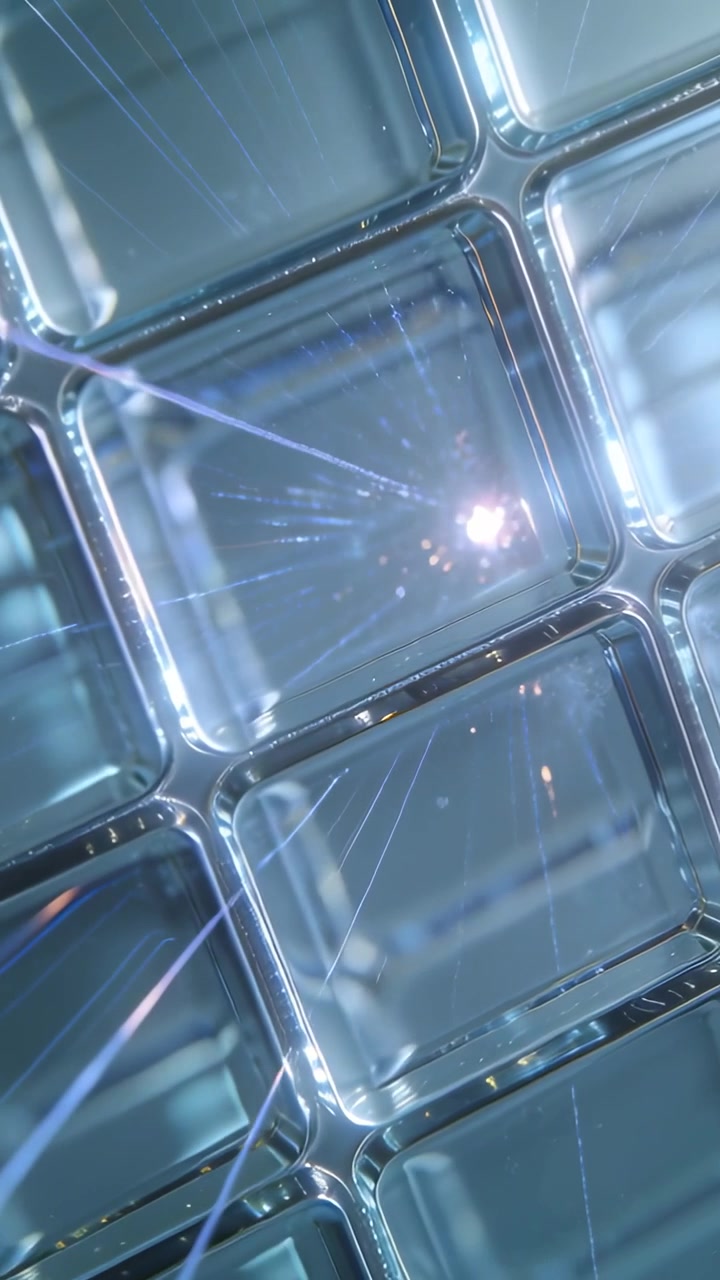 Video verticale: Punto scintillante che provoca la formazione di microfratture radiali su una griglia di vetro in primo piano, con un bagliore