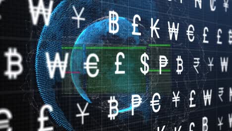 animation of currency symbols and data processing over spinning globe and network of connections