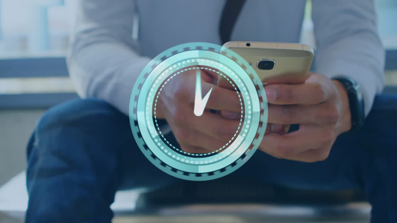 Animation of clock moving fast over man using smartphone