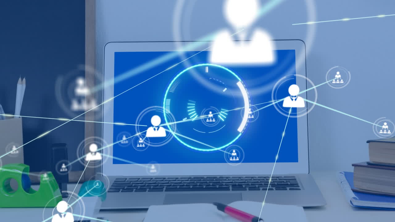 아이콘과 범위 스캐닝을 통해 노트북을 통해 연결 네트워크의 애니메이션