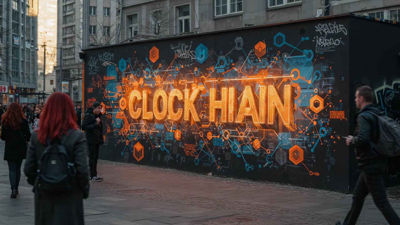 Vibrant Street Art Featuring 'Clock Hain' Illuminating Urban Life with Colorful Graphics and Dynamic Movement of People in a Bustling City Environment