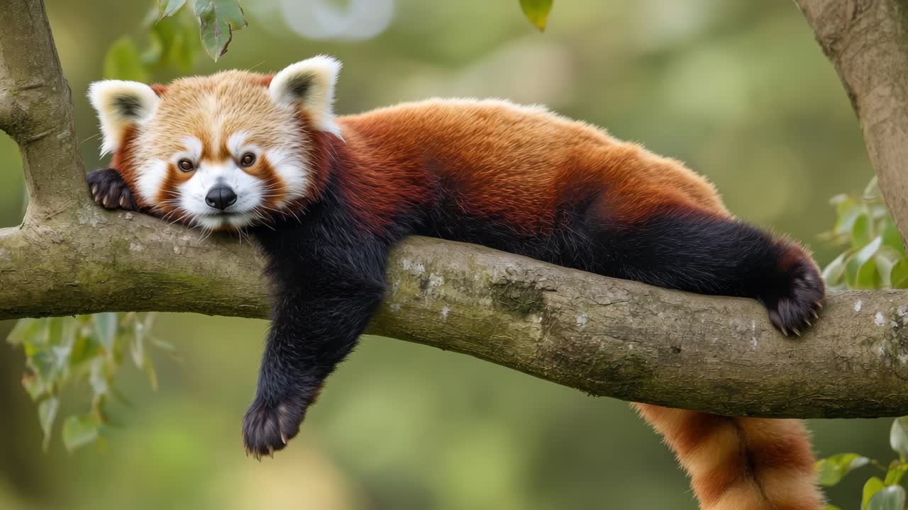 A serene video scene of a red panda resting on a tree branch