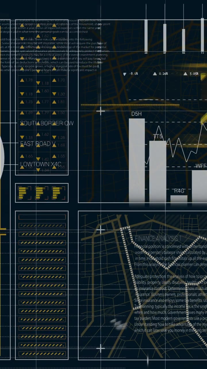 Animation of financial data processing over black background