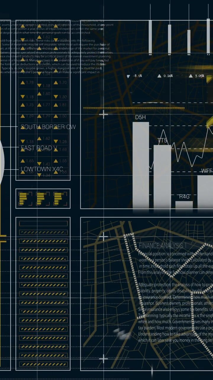 Animation of financial data processing over black background
