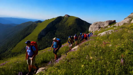 group hiking on a scenic mountain trail