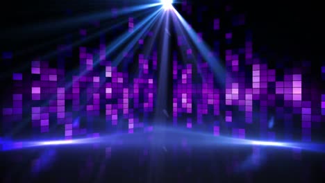 Animation-of-pink-and-purple-shapes,-spotlights-and-purple-graphic-music-equalizer