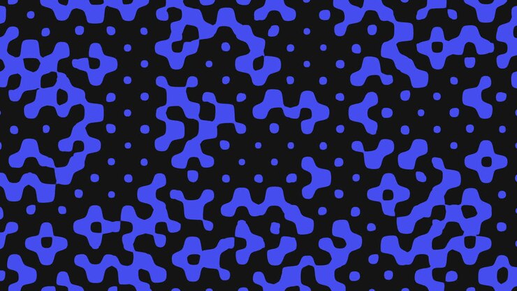 An abstract blue and black pattern on a dark background with irregular, floating shapes creating a sense of fluidity and movement in a seemingly random yet cohesive arrangement
