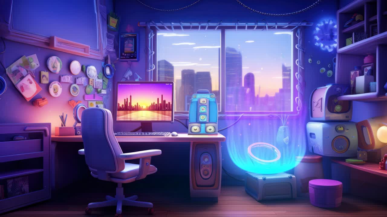 Una stanza accogliente e futuristica con un computer e un display olografico
