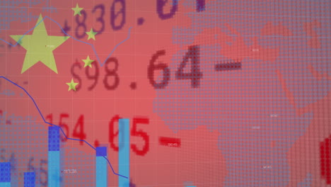 animación de la bandera china ondeando sobre el procesamiento de datos financieros y el mapa del mundo