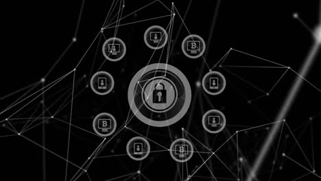 Digital-animation-of-network-of-connections-over-multiple-security-padlock-icons-on-black-background